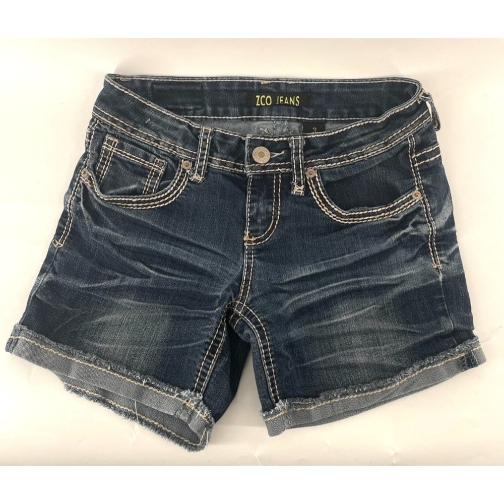 VTG Y2K Denim Shorts Women Junior Sz 3 Studded Blue Whiskered Thick Stitch